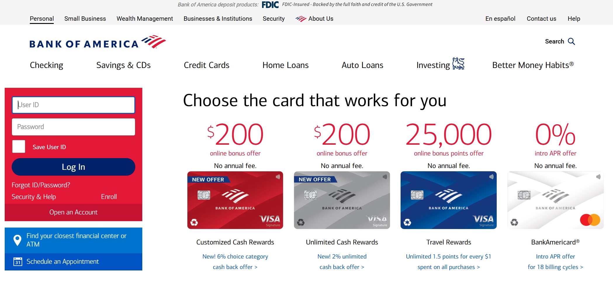 bank of america credit card login page